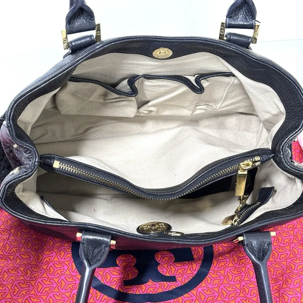 Tory Burch Robinson Triple Compartment Black Pebbled‎ Leather Tote Shoulder Bag